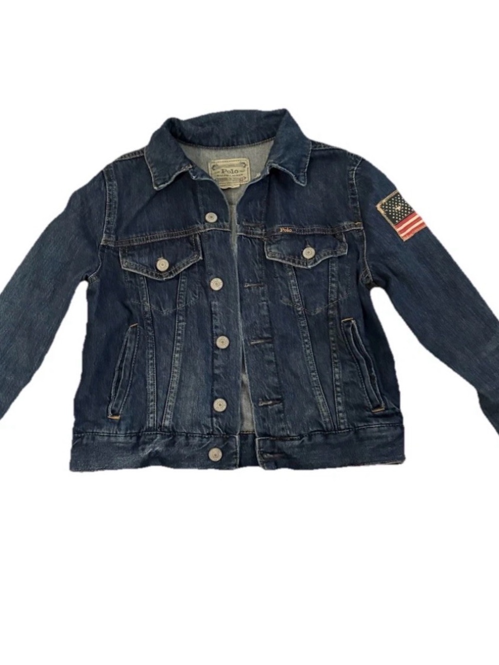 Polo Ralph Lauren Denim Jean Jacket Youth Medium 10 / 12 American Flag Patch